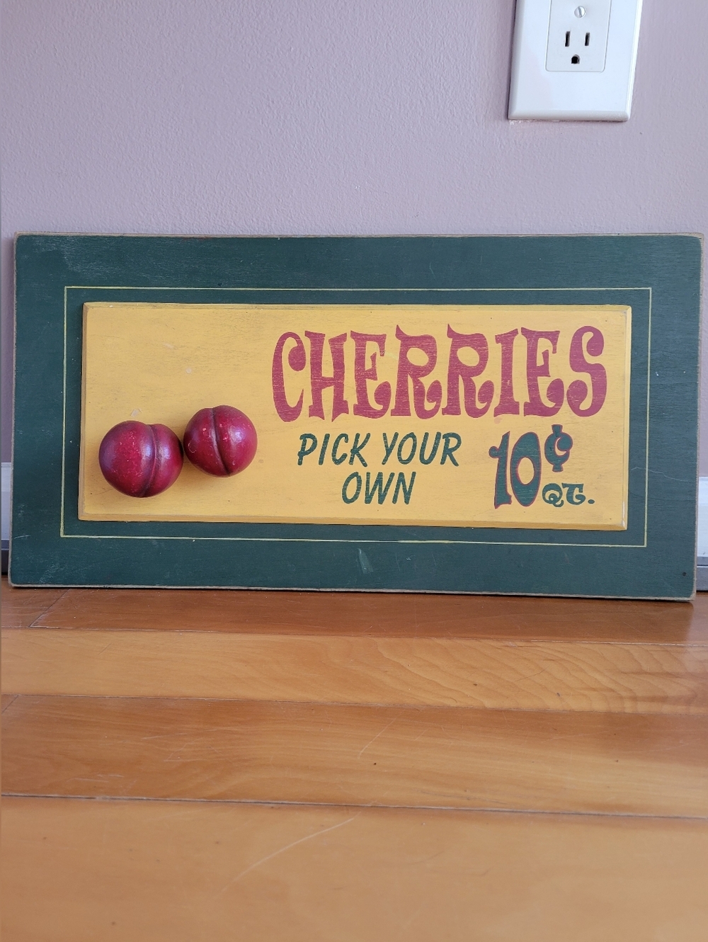 VTG 3D Style Sign Advertises "Pick Your Own Cherries" 10 cents Qt. Rectangular